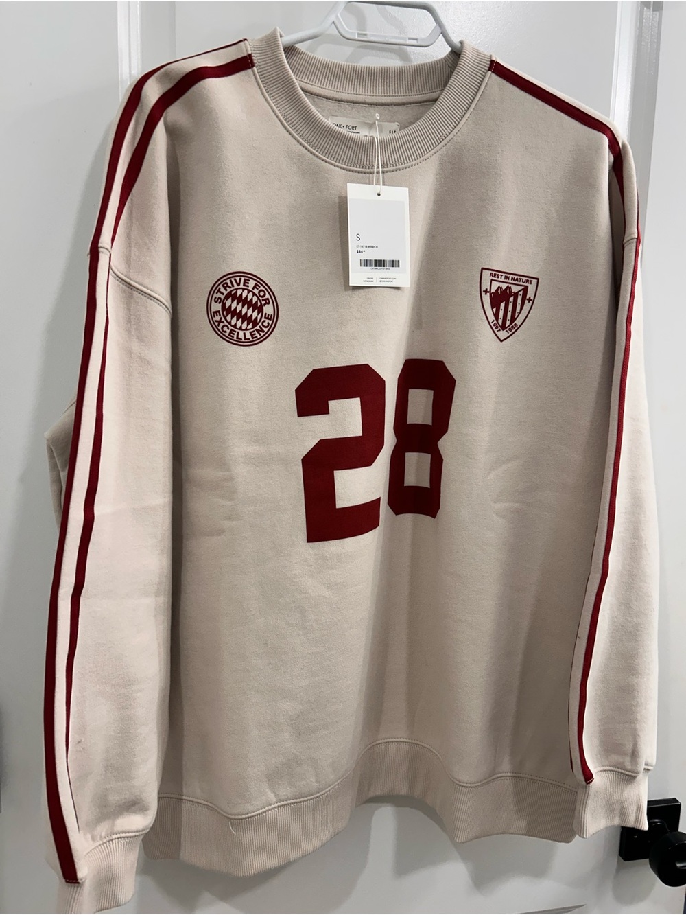 OAK + FORT Beige Crewneck Sweatshirt with Burgundy Athletic Details